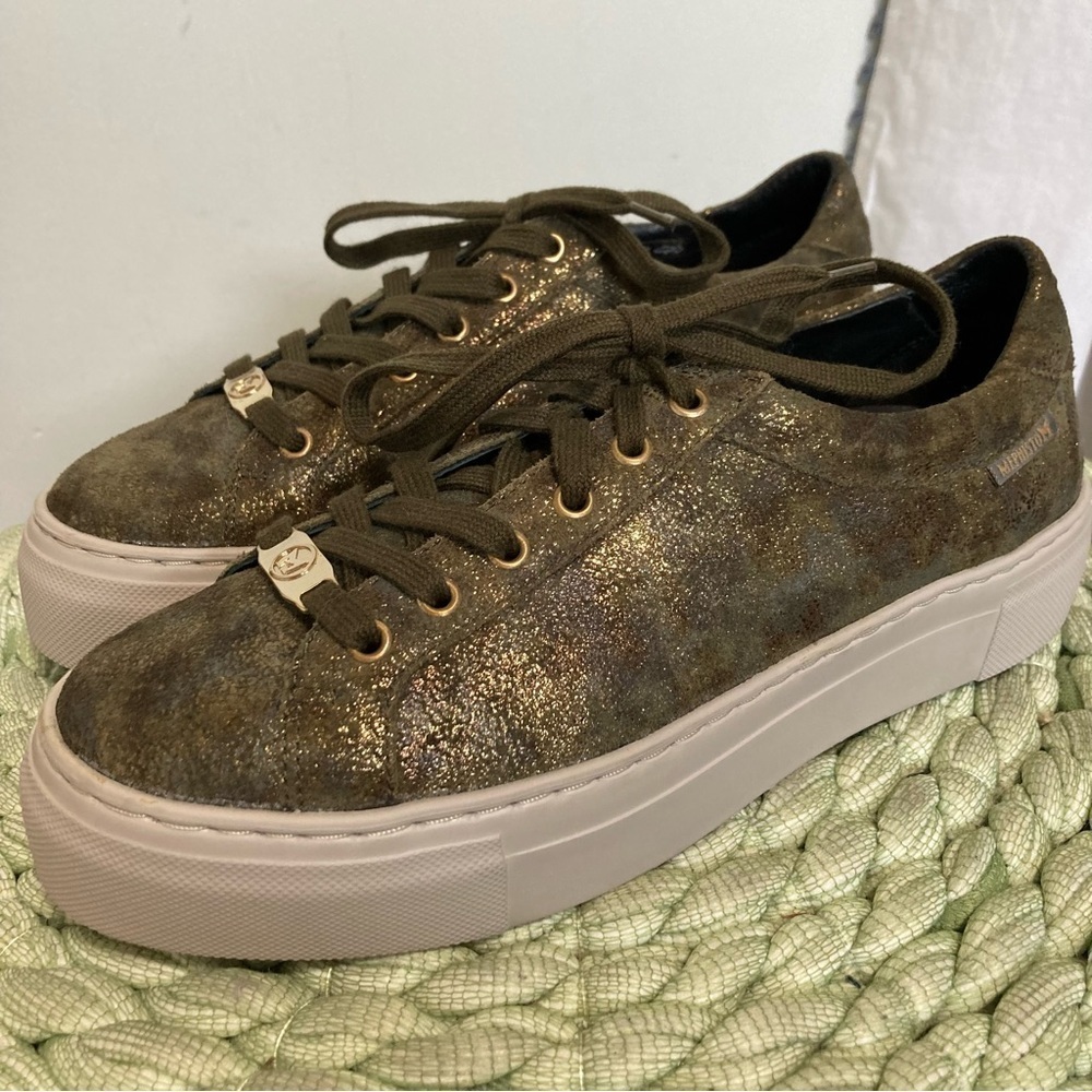 NEW MEPHISTO GYNA Olive Green Khaki Coco Gold Glitter Suede Platform Sneakers